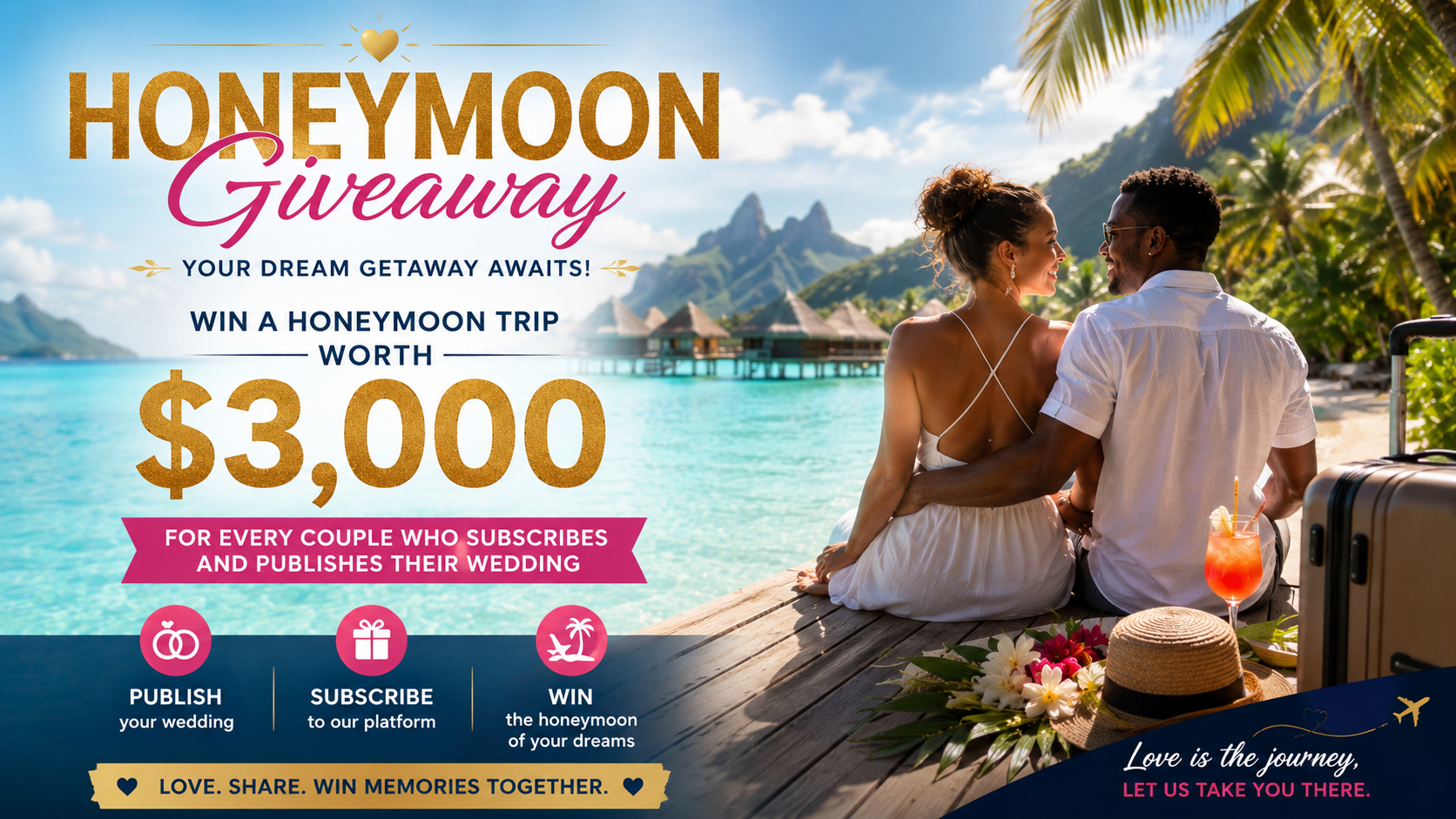 Win a $3,000 honeymoon trip — for every couple who subscribes and publishes their wedding